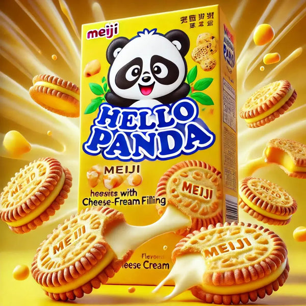 Meiji Hello Panda Cheese Cream, des biscuits japonais croquants en forme de panda, fourrés à une crème au fromage Meiji fondante. À retrouver sur Bonbiz, ton American & Asian Market en ligne ! 