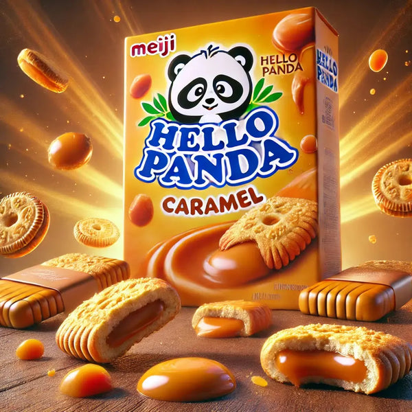 Meiji Hello Panda Caramel, de savoureux biscuits japonais en forme de panda, garnis d’un cœur fondant au caramel Meiji. À retrouver sur Bonbiz, ton American & Asian Market !