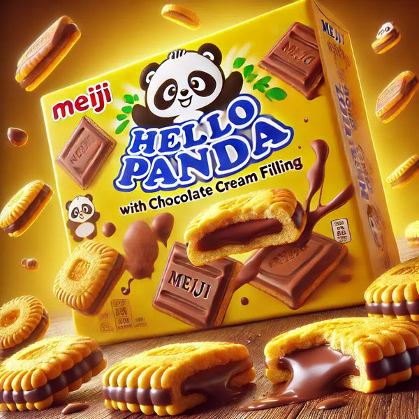 Meiji Hello Panda Double Chocolate, des biscuits japonais croustillants fourrés d’un chocolat fondant intense, illustrés de pandas mignons. À retrouver sur Bonbiz, ton épicerie asiatique et américaine en ligne !