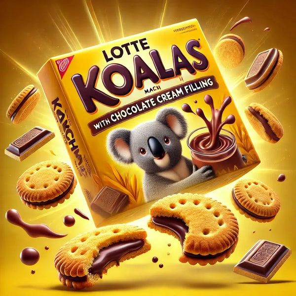 Lotte Koala No March Chocolate, des biscuits croustillants en forme de koala avec un cœur chocolaté fondant, disponibles sur Bonbiz, ton épicerie asiatique et américaine en ligne !