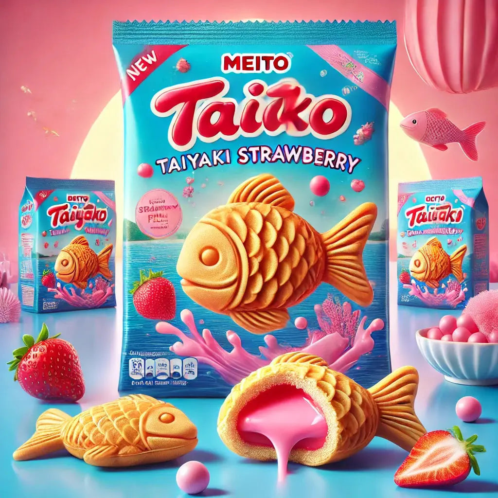 Meito Puku Puku Tai Strawberry, une gaufrette croustillante japonaise fourrée d’une mousse légère à la saveur fraise, inspirée du Taiyaki. Disponible sur Bonbiz, ton American & Asian Market en ligne !