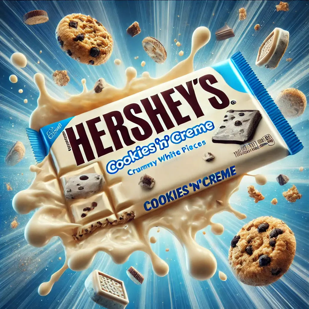 Hershey's Bar Cookies & Cream, une barre chocolatée américaine au chocolat blanc onctueux et morceaux croquants de cookies, à retrouver sur Bonbiz, ton American Market en ligne spécialisé en produits américains.