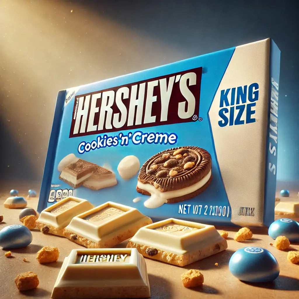 Hershey's Bar Cookies & Cream Big, une barre chocolatée américaine iconique au chocolat blanc onctueux et éclats croquants de cookies, disponible sur Bonbiz, ton American Market spécialisé en produits américains sucrés !