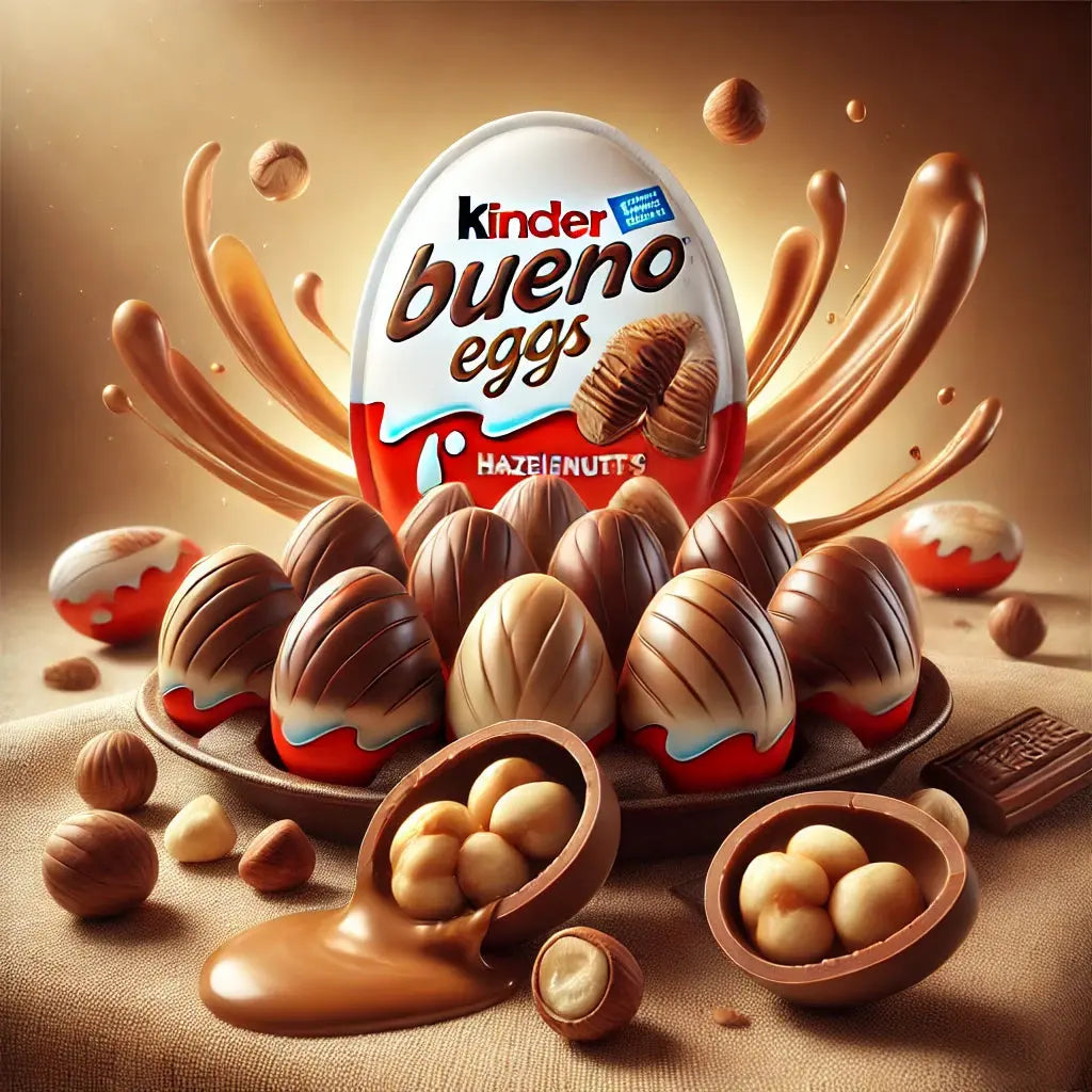 Goûtez les Kinder Bueno Eggs Hazelnut, des œufs chocolat noisette croustillants et fondants. Disponible sur Bonbiz, votre american shop en livraison rapide.