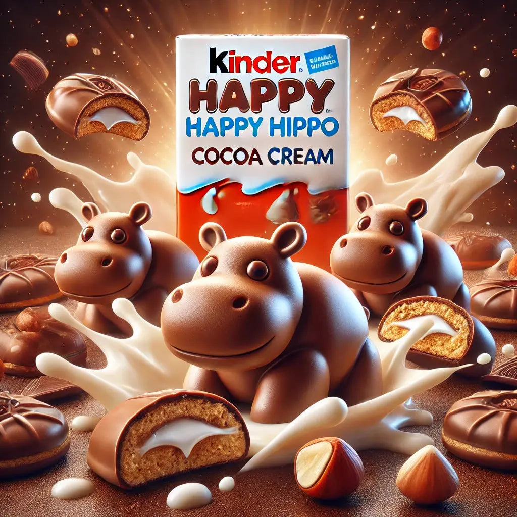 Dégustez le Kinder Happy Hippo Cacao Big, une gaufrette fourrée croquante et fondante au chocolat et cacao. Disponible sur Bonbiz, votre épicerie américaine en ligne.