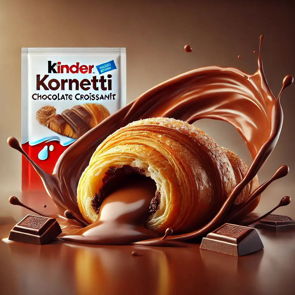 Savourez le Kinder Kornetti Chocolate, une brioche moelleuse au chocolat fondant pour une pause gourmande. Disponible sur Bonbiz, votre épicerie américaine en ligne.