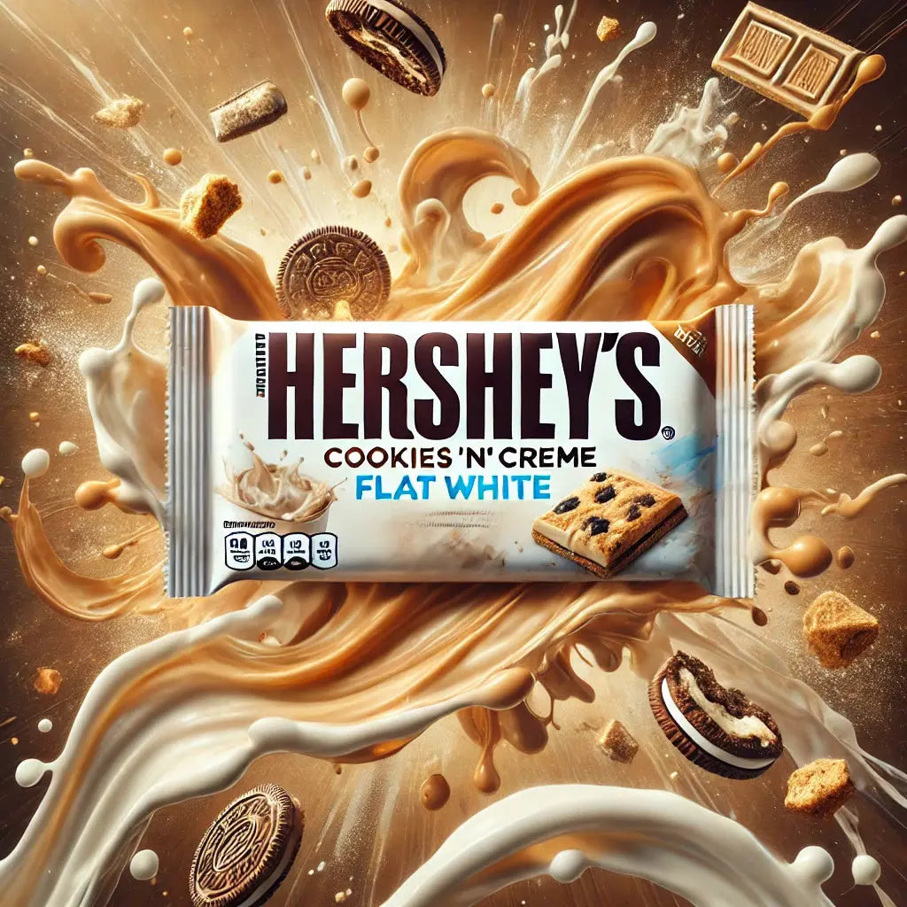 Dégustez la Hershey's Bar Cookies & Cream Flat White, un chocolat blanc crémeux aux éclats de cookies et touche café. Disponible sur Bonbiz, votre american shop.
