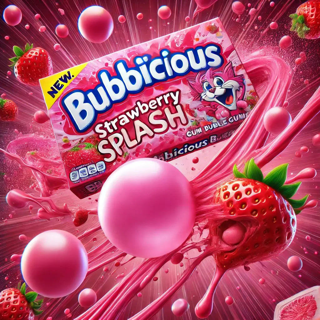 Bubblicious Bubblegum Strawberry Splash, le chewing-gum américain au goût intense de fraise. Disponible sur Bonbiz, ton american shop !