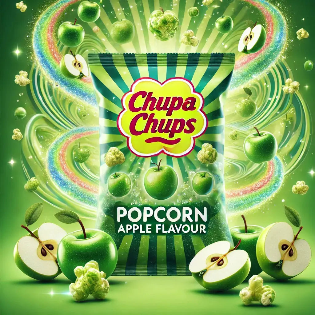 Chupa Chups Popcorn Apple - Bonbons au goût unique de pop-corn et pomme, saveur sucrée et fruitée pour une expérience gustative originale, parfaite pour une pause gourmande, dispo sur Bonbiz, la référence des bonbons sucrés et innovants.