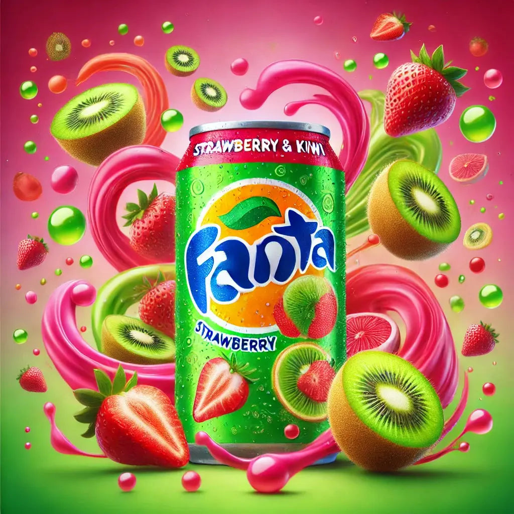 Fanta Strawberry Kiwi - Boisson gazeuse au mélange de fraise et kiwi, saveur fruitée et sucrée pour une expérience rafraîchissante et tropicale, dispo sur Bonbiz, la référence des boissons fruitées et exotiques.