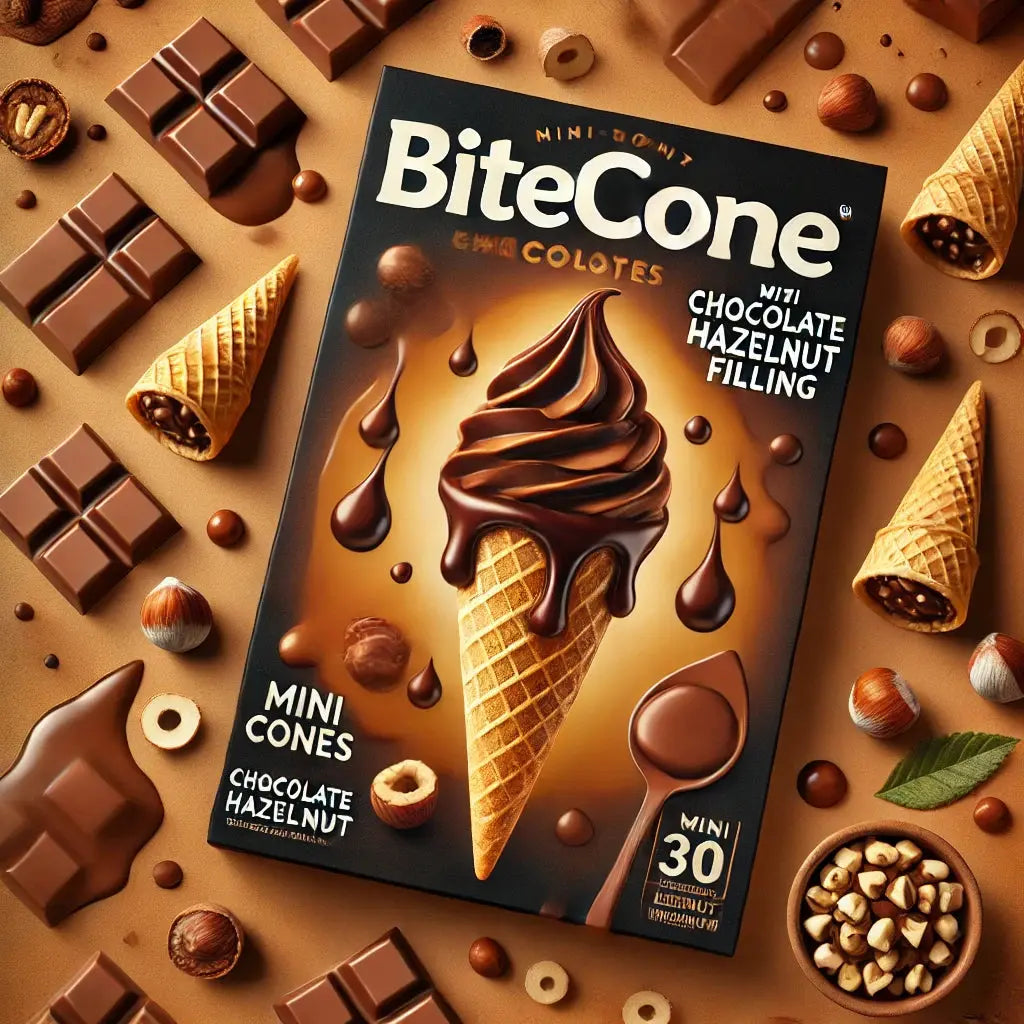 Bitecone Hazelnut Chocolate - Snack croustillant en cône fourré au chocolat noisette, texture fondante et ultra gourmande, un plaisir irrésistible pour les amateurs de douceurs chocolatées, dispo sur Bonbiz, la référence des friandises US.