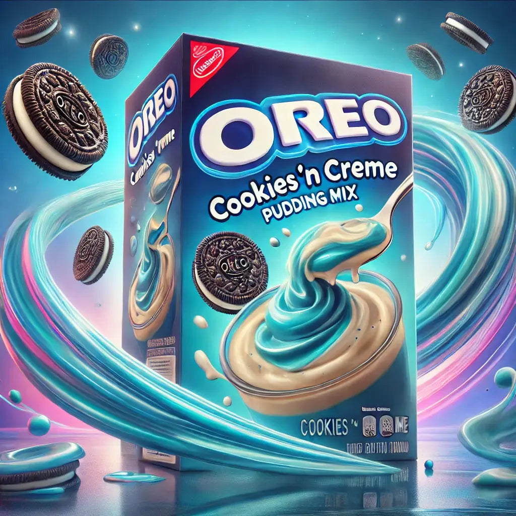 Jell-O Pudding & Pie Filling Oreo Cookies & Cream - Crème dessert au goût de cookies et crème, saveur gourmande et onctueuse, idéale pour préparer des puddings ou garnir des tartes, dispo sur Bonbiz, la référence des préparations pour desserts au chocolat et à la crème.