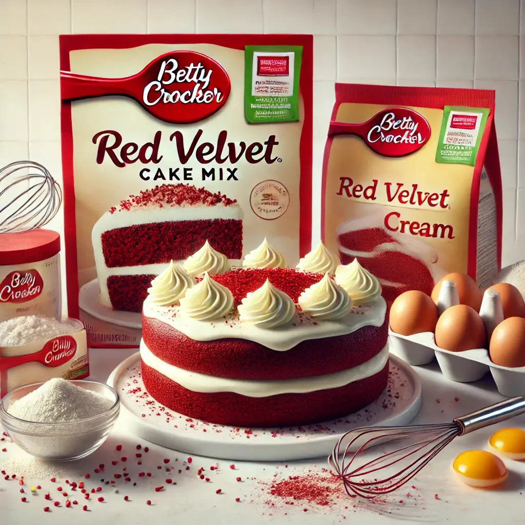 Betty Crocker Cake Mix Red Velvet - Préparation pour gâteau Red Velvet ultra moelleux, texture aérienne et goût chocolaté intense, facile à réaliser pour des desserts maison dignes d’une pâtisserie, dispo sur Bonbiz, le must des produits américains.