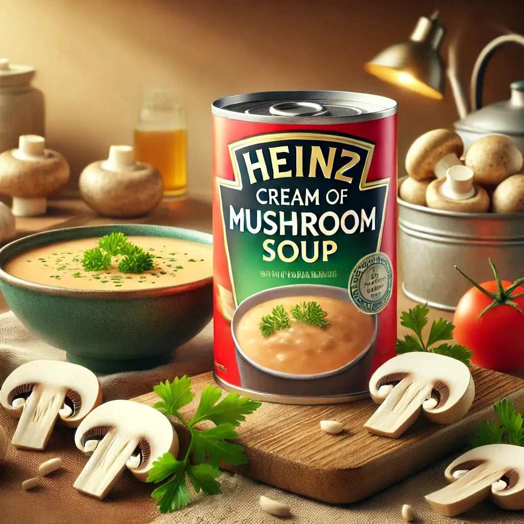 Heinz Soup Cream Of Mushroom - Soupe crémeuse aux champignons, saveur douce et veloutée, idéale pour un repas réconfortant et rapide, dispo sur Bonbiz, la référence des soupes crémeuses et savoureuses américaines.