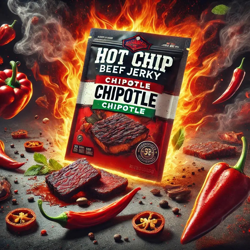 Hot Chip Beef Jerky Chipotle - Viande séchée épicée au chipotle, saveur fumée et piquante pour une expérience de snack audacieuse et savoureuse, dispo sur Bonbiz, la référence des snacks carnés épicés et fumés.