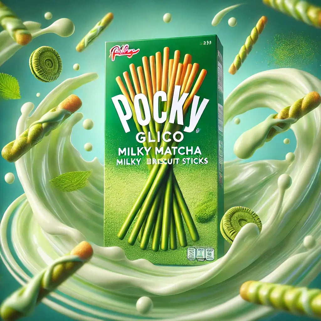 Pocky Glico Milky Matcha - Biscuits japonais croustillants enrobés d'un délicieux glaçage au thé vert matcha. Un snack raffiné avec un packaging attrayant, entouré de feuilles de thé vert et de tourbillons de lait matcha pour une expérience gourmande unique