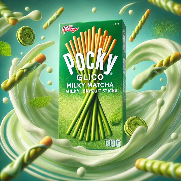 Pocky Glico Milky Matcha - Biscuits japonais croustillants enrobés d'un délicieux glaçage au thé vert matcha. Un snack raffiné avec un packaging attrayant, entouré de feuilles de thé vert et de tourbillons de lait matcha pour une expérience gourmande unique