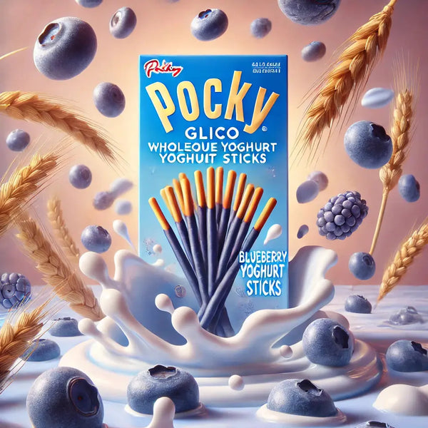 Pocky Glico Wholesome Blueberry Yoghurt - Biscuits japonais croustillants enrobés d'un glaçage crémeux au yaourt et aux myrtilles. Un snack équilibré avec un packaging doux et naturel, entouré de grains de blé, de myrtilles fraîches et de tourbillons de yaourt pour une expérience gourmande et saine.
