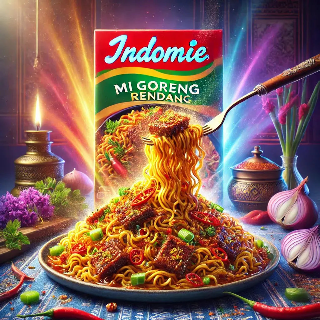 Indomie Mi Goreng Rendang Instant Noodles, des nouilles sautées instantanées aux épices riches du rendang indonésien, prêtes en quelques minutes. À retrouver sur Bonbiz, ton American & Asian Market en ligne !