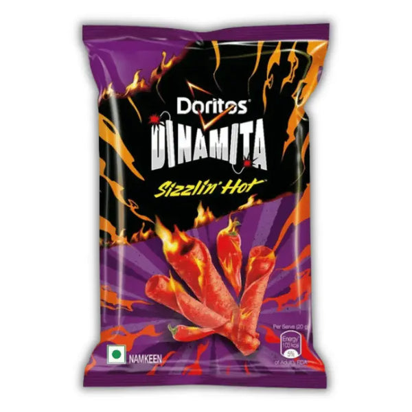 Doritos Dinamita Sizzlin' Hot – chips roulées ultra épicées, snack américain explosif et croustillant.