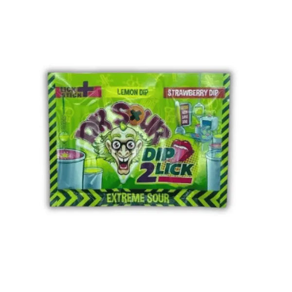 Dr Sour Dip 2 Lick – Sucette à tremper dans une poudre acidulée, double saveur et fun garanti.
