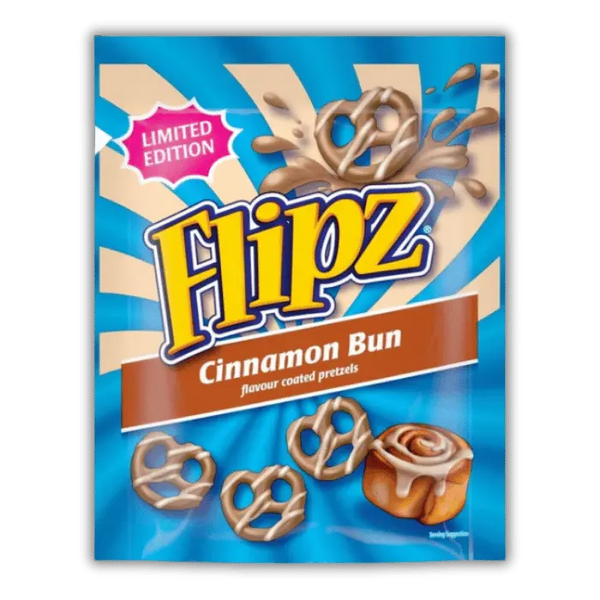 Flipz Cinnamon Bun Bonbiz – pretzels américains croquants, saveur gâteau cannelle, friandise sucrée-salée inspirée du cinnamon roll américain.