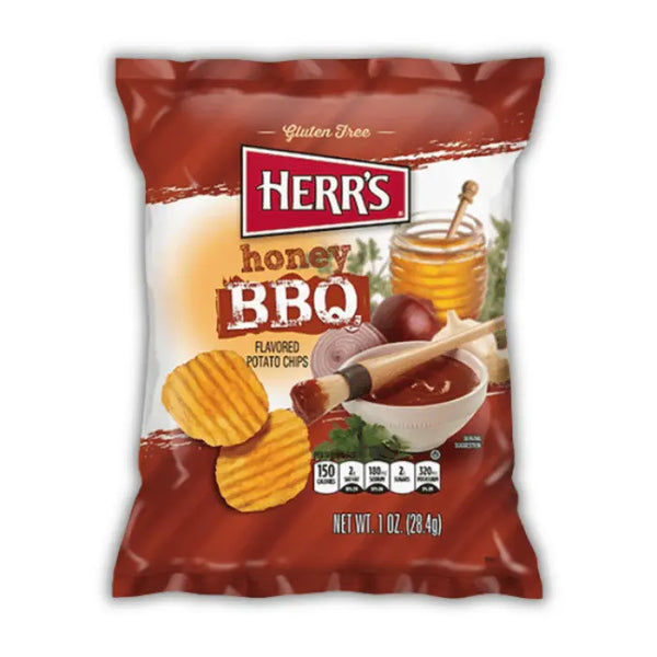 Herr's Honey BBQ – chips américaines goût barbecue sucré au miel, croustillantes et fumées, snack salé US iconique.