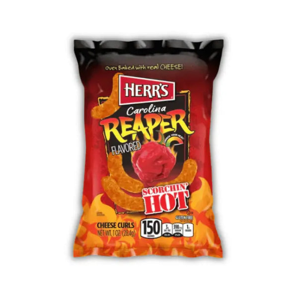 Herr’s Scorchin Hot Curls Carolina Reaper Small – snack américain au piment Carolina Reaper, ultra piquant et croustillant.
