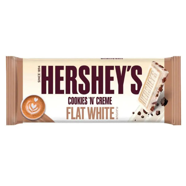 Hershey's Flat White – Chocolat blanc cookies & cream en tablette fine, fondant et croustillant.