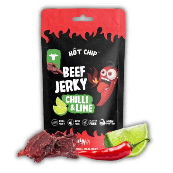 Hot Chip Beef Jerky Chilli & Lime – Viande séchée épicée au piment et citron vert, snack salé américain intense.