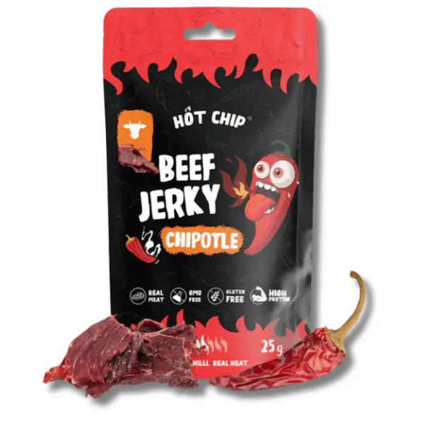 Hot Chip Beef Jerky Chipotle – Viande séchée au piment chipotle fumé, snack salé américain intense et épicé.