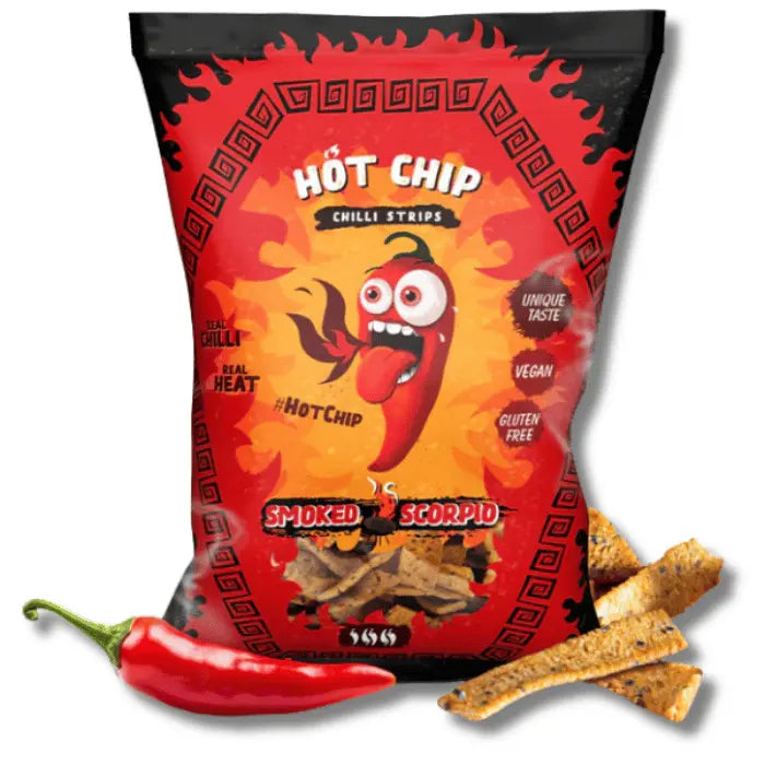 Hot Chip Strips Smoked Scorpio – Chips pimentées au Scorpion pepper fumé, snack américain intense et épicé.