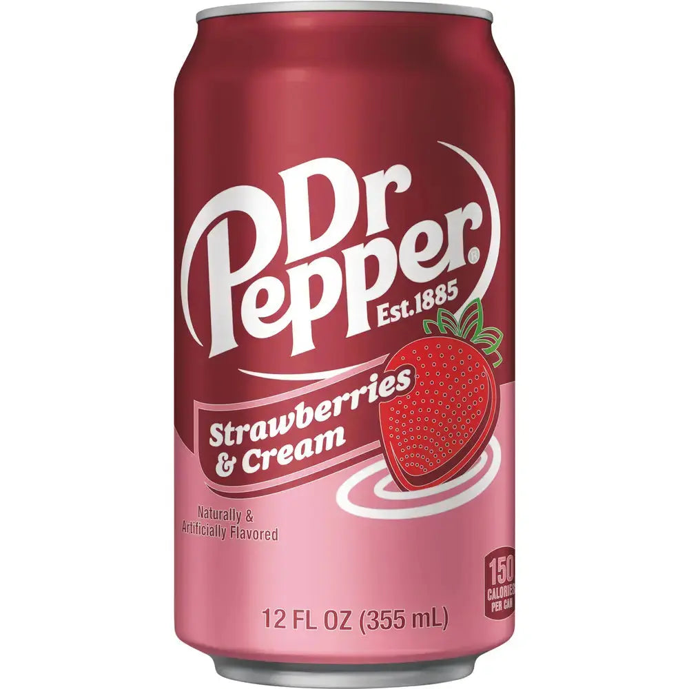 Dr Pepper Strawberries & Cream - Boisson pétillante Dr Pepper au goût doux de fraise et crème, saveur sucrée et onctueuse pour une expérience gourmande et rafraîchissante, dispo sur Bonbiz, la référence des boissons américaines fruitées et crémeuses.