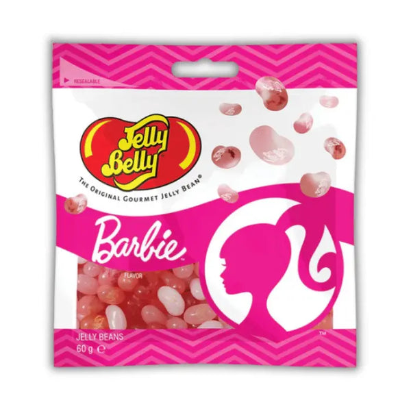 Sachet de Jelly Belly Beans Barbie, bonbons en forme de haricots aux couleurs girly et saveurs fruitées, disponibles en épicerie américaine et magasin de bonbon.