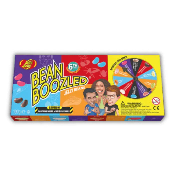 Boîte Jelly Belly Beans Bean Boozled Game, jeu de bonbons en forme de haricots aux saveurs extrêmes, vendu en épicerie américaine et magasin de bonbon.
