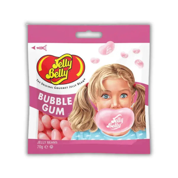 Sachet de Jelly Belly Beans Bubble Gum, bonbons en forme de haricots au goût chewing-gum rose, disponibles en épicerie américaine et magasin de bonbon.
