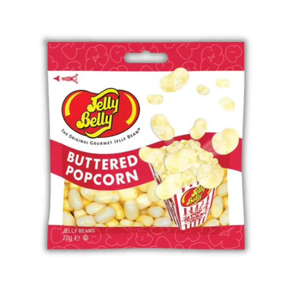 Sachet de Jelly Belly Beans Buttered Popcorn, bonbons en forme de haricots au goût pop-corn beurré, disponibles en épicerie américaine et magasin de bonbon.