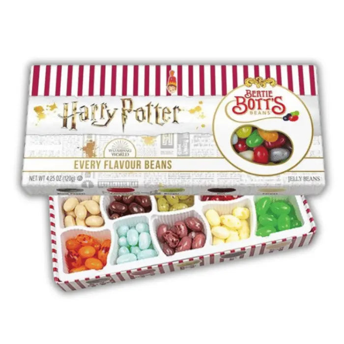 Boîte cadeau Jelly Belly Beans Harry Potter Bertie Bott’s, bonbons en forme de haricots aux saveurs surprenantes, disponibles en épicerie américaine et magasin de bonbon.