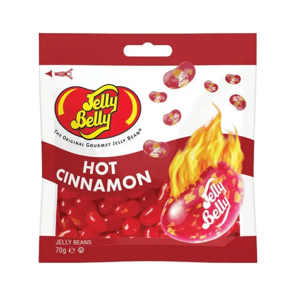 Sachet de Jelly Belly Beans Hot Cinnamon, bonbons en forme de haricots au goût cannelle épicée, disponibles en épicerie américaine et magasin de bonbon.