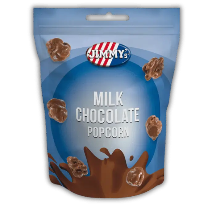 Jimmy’s Pop Corn Chocolat au Lait Bonbiz – popcorn américain croustillant, chocolat fondant, friandise sucrée gourmande.