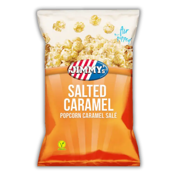 Jimmy’s Pop Corn Salted Caramel Bonbiz – popcorn américain croustillant, caramel fondant et pointe salée, snack sucré-salé authentique.