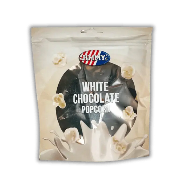 Jimmy’s Pop Corn Chocolat Blanc Bonbiz – popcorn américain croustillant au chocolat blanc fondant, snack sucré gourmand.