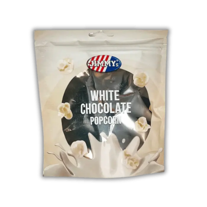 Jimmy’s Pop Corn Chocolat Blanc Bonbiz – popcorn américain croustillant au chocolat blanc fondant, snack sucré gourmand.