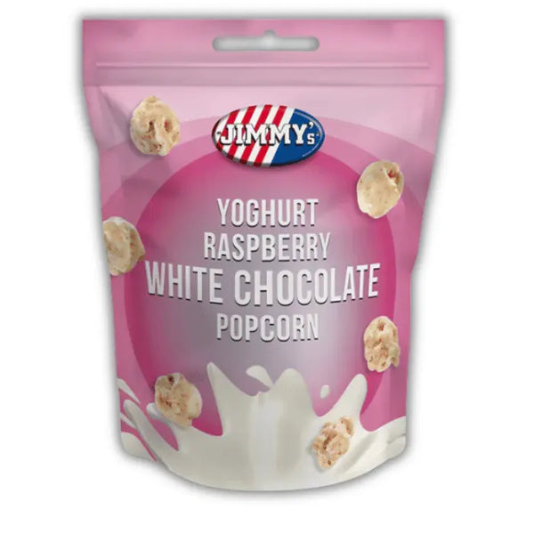 Jimmy’s Pop Corn Bonbiz – popcorn américain croustillant aux saveurs framboise acidulée, chocolat blanc et yaourt crémeux.