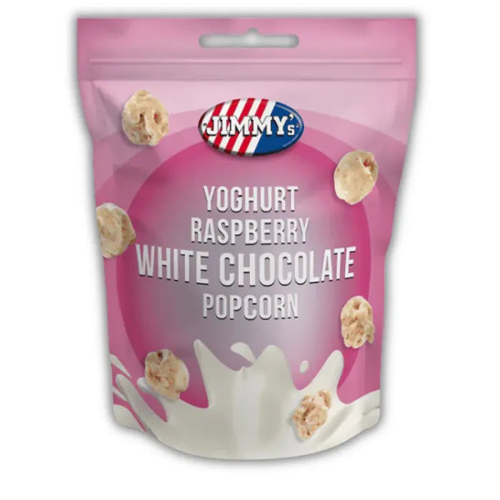 Jimmy’s Pop Corn Bonbiz – popcorn américain croustillant aux saveurs framboise acidulée, chocolat blanc et yaourt crémeux.