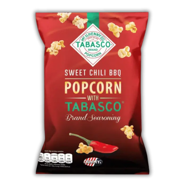 Jimmy’s Tabasco Popcorn Bonbiz – popcorn américain sucré et salé, sauce tabasco, saveur chili BBQ épicée.