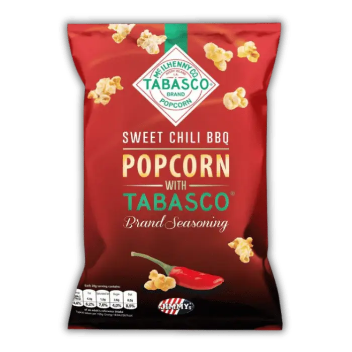 Jimmy’s Tabasco Popcorn Bonbiz – popcorn américain sucré et salé, sauce tabasco, saveur chili BBQ épicée.