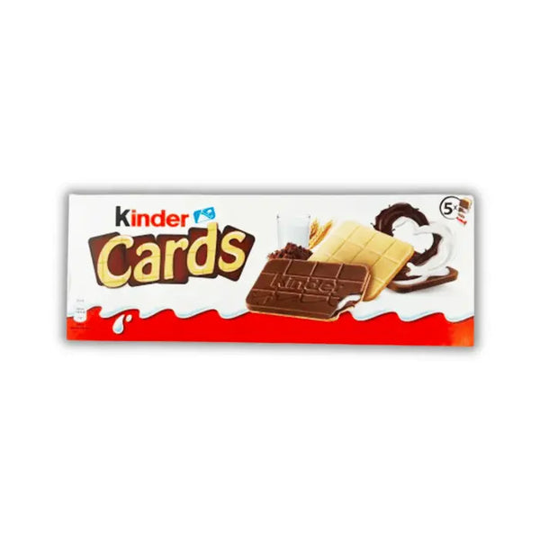 Paquet de Kinder Cards – biscuits au chocolat croustillants et fondants, disponibles sur Bonbiz, spécialiste des snacks sucrés et sucreries américaines