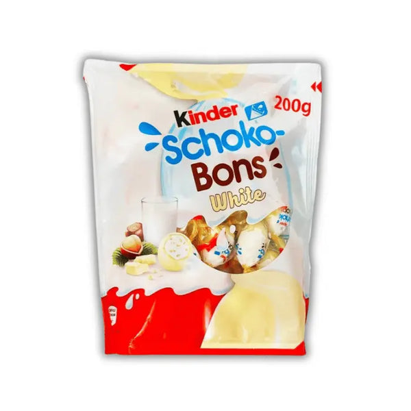 Kinder Schoko-Bons White – bonbons au chocolat blanc fondant avec cœur de lait et noisette, disponibles sur Bonbiz, la boutique Kinder en ligne