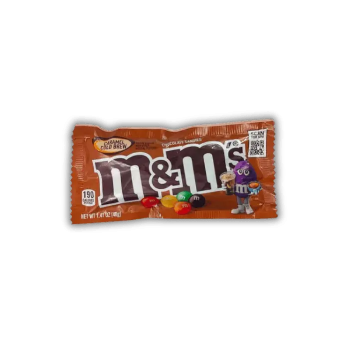 Paquet de M&M's Caramel Cold Brew, bonbons américains au cœur de caramel infusé au café glacé et à la coque croquante, disponibles dans notre épicerie américaine.